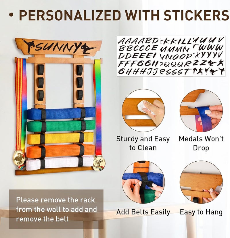 Tilhumt 8 Belt Karate Belt Display Rack with Medal Hanger and Stickers, Taekwondo Belt Display Holder, Martial Arts Belt Display Organizer for Adults, No Assembly Required (Bamboo/Acrylic) - Image 4